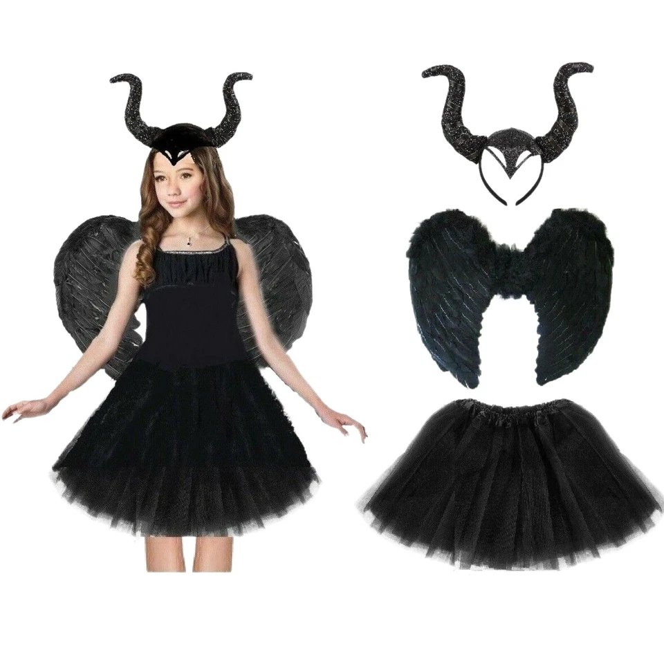 DARK DEVIL BLACK FAIRY COSTUME Angle Feather Halloween Fancy Dress Outfit Party - Image 1 of 4