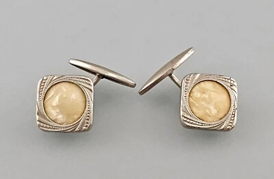 a-9325079 Paar Manschettenknöpfe silberfarben Perlmutt um 1920 Vintage 1,5x1,5cm - Bild 1 von 2