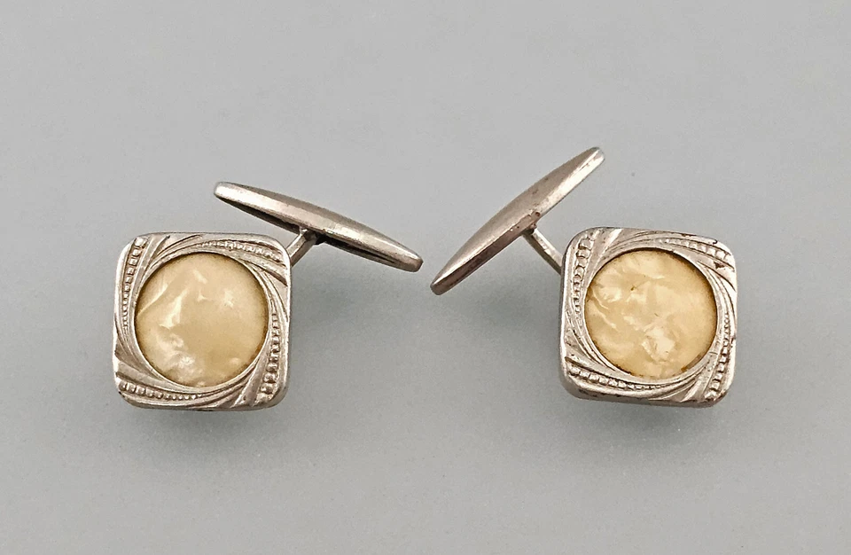 a-9325079 Paar Manschettenknöpfe silberfarben Perlmutt um 1920 Vintage 1,5x1,5cm - Bild 1 von 2