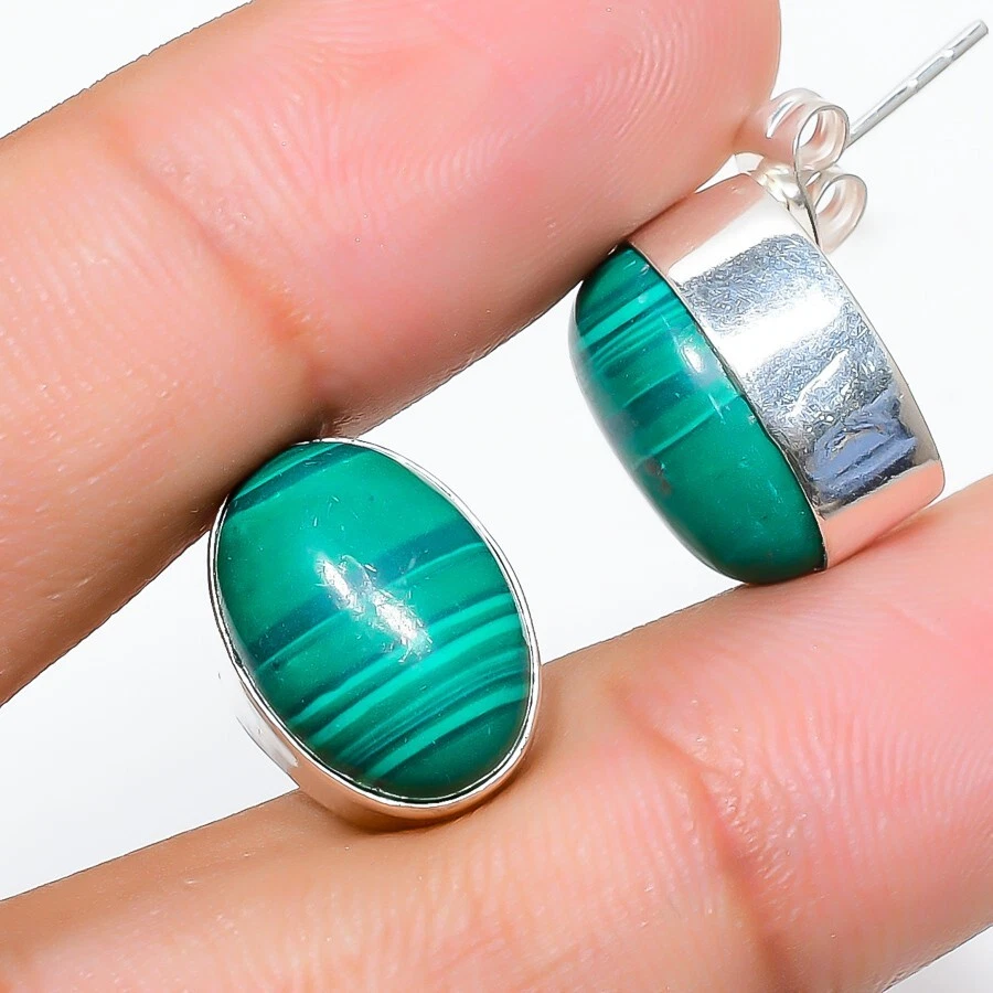 Green Malachite Gemstone 925 Sterling Silver Jewelry Stud Earring Size 0.75" - Image 1 of 1