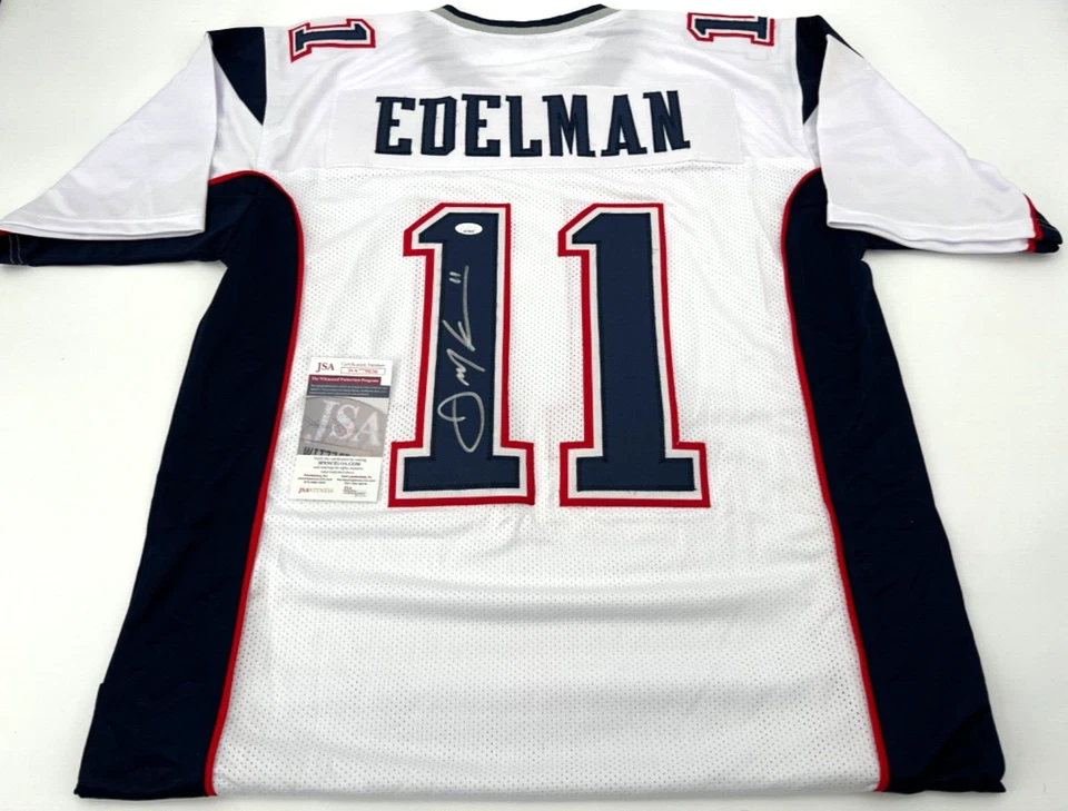 JERSEY PERSONALIZADO BLANCO FIRMADO POR JULIAN EDELMAN PATRIOTAS DE NUEVA INGLATERRA CERTIFICADO DE AUTENTICIDAD JSA Testigos Foto 1 de 3