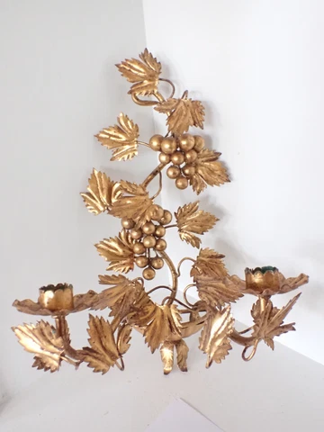 Vintage Italian Florentine Gold Gilt Tole Grape Wall Sconce Hollywood Regency Cover