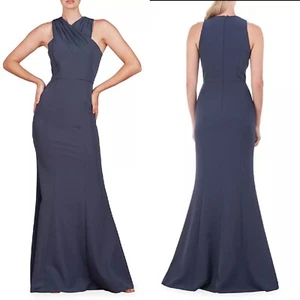 NEW KAY UNGER Prussian Blue TALIA Stretch Crepe PLEATED HALTER Column GOWN 2 - Picture 1 of 11