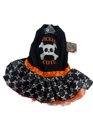 Vestido Wicked Cute Pet perro con calavera y cruz naranja y negro Foto 1 de 4