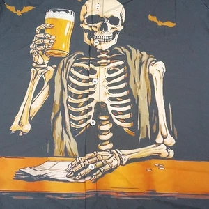 Aloha Herren Gr. L Totenkopf Skelett Bier Fledermäuse Button Down Halloween Hemd schwarz - Bild 1 von 10
