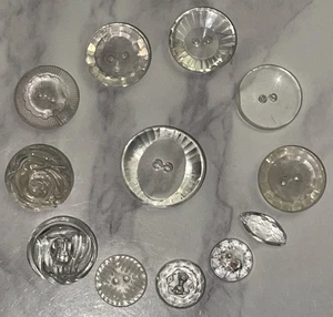 Vintage 12 Czech Clear Depression Crystal Glass Crafting Buttons 107-19 - Picture 1 of 15