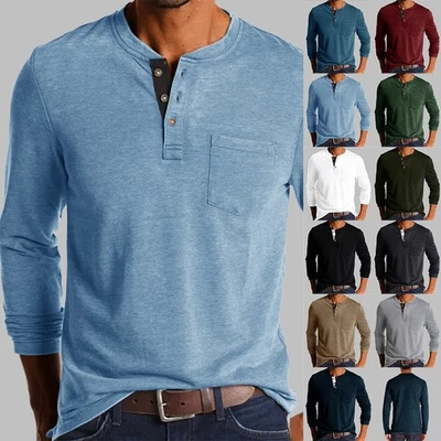 Mens Long Sleeve T-shirt Henley Grandad Button Neck Solid Casual Tee Shirt Tops - Image 1 of 4