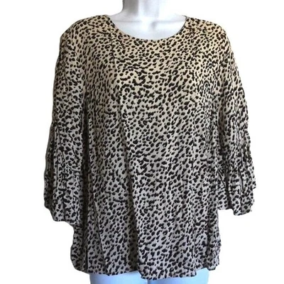 H&M Top Estampado Guepardo Cerradura Trasera 3/4 Mangas Campana Beige Negro Marrón Usado en Excelente Condición Talla 12 Foto 1 de 4