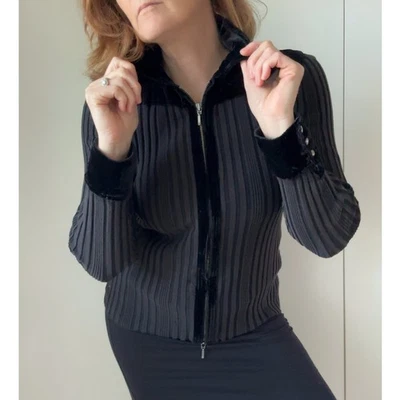 Y2K KNit Zipper Cardigan Velvet Collar Size large Dark Gothic Grunge Vampire  - Image 1 of 4