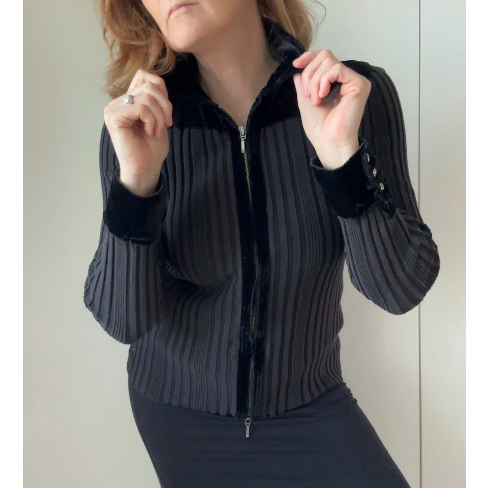 Cárdigan Y2K KNit Cremallera Cuello Terciopelo Talla Grande Gótico Oscuro Grunge Vampiro  Foto 1 de 4