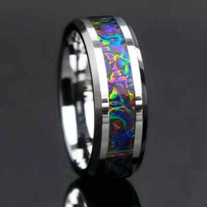 Men 8mm Dichrolam Titanium Fire Burl Colorful Comfort-Fit Carbon Fiber Band - Picture 1 of 4