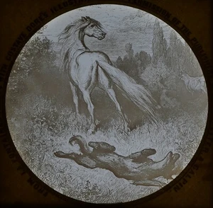 ANTIGUA Linterna Mágica Diapositiva LA FONTAINES FÁBULAS CABALLO C1890 GUSTAVE DORE DIBUJO - Imagen 1 de 2