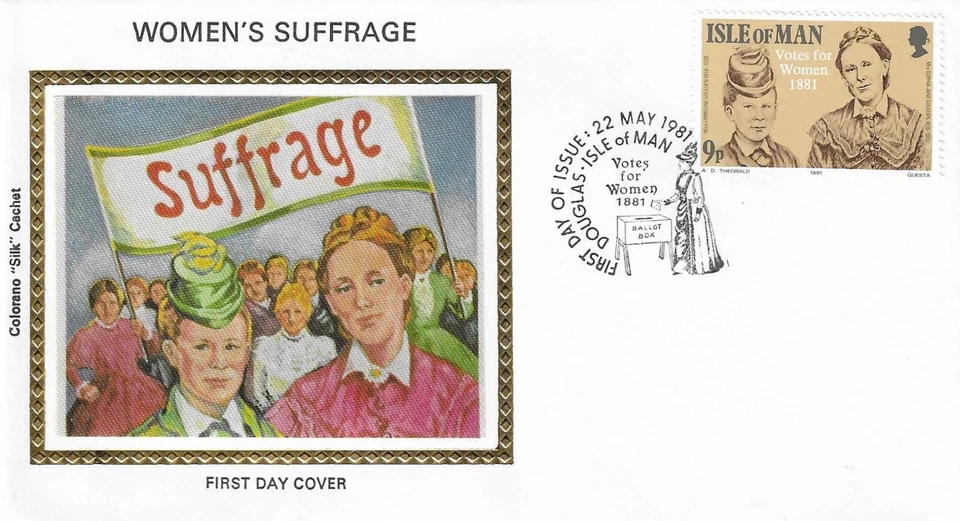 Womens's Suffrage Women's Rights 1881 Isle Of Man GB Colorano Silk FDC 1981 - Image 1 of 1