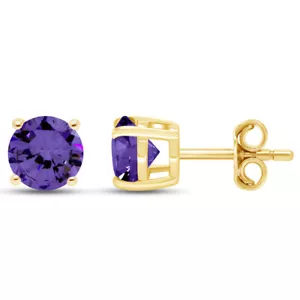 Solitaire Lab Created Amethyst Stud Earrings 14k Yellow Gold Plated 925 Silver - Picture 1 of 5