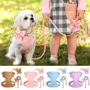 3pcs Cute Bow Tie Dog Collar & Harness & Leash Soft Mesh Walking Vest Adjustable - Picture 1 of 60