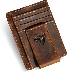 RFID Genuine Leather Slim Money Clip Wallet โ Front Pocket Card Holder - Brown - Picture 1 of 12