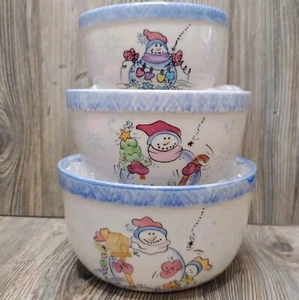 *3* VTG Nesting Mixing Bowls Set Snowman Ceramic 90s Kitchen Blue Winter Whimsy - Picture 1 of 9