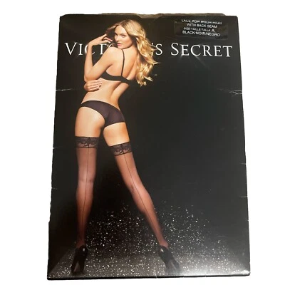 Victorias Secret Satin Lace Top Thigh Highs With Back Seam Black Sz A - Image 1 of 4
