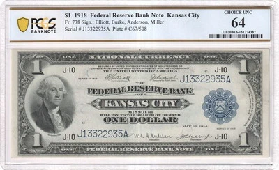 $1 1918  Federal Reserve Bank Notes 738 PCGS 64 - Image 1 of 2