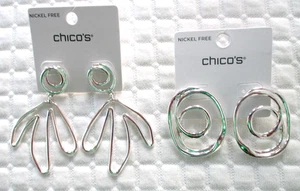 2 Pr. Chico's Silver Tone Dangle Earrings - Abstract Ovals & Stylized Leaf, NWT - Imagen 1 de 9