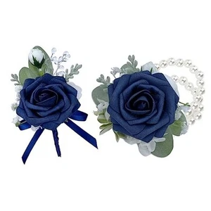 Corsage and Boutonniere Set, Navy Blue Handmade Artificial Rose Dark Navy Blue - Picture 1 of 7