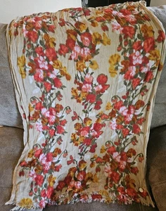 Vintage Tan Red Orange Gold Floral Poly Blend Scarf 64" x 24" Fall Beauty - Picture 1 of 4