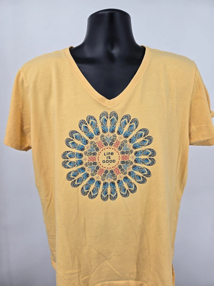 Life Is Good Camiseta Mujer XL Amarilla Cuello en V Logo Flor Sandalias Manga Corta * Foto 1 de 4