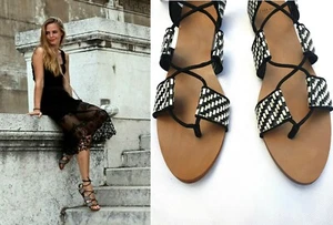 ZARA Sandalias Negro Blanco Cuadros Con Cordones Imitación Cuero Zapatos Planos Reino Unido 5 UE 38 - Imagen 1 de 10