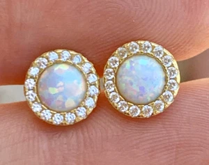 18K Gelbgold über 925 Sterling Silber Runde Halo Opal Ohrstecker Geschenk - Bild 1 von 12