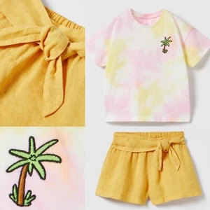 NWT Zara Baby Girl Embroidered Tie Short Shirt Tee Linen Bow Shorts Boho 5-6 LOT - Picture 1 of 8