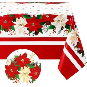 3 Pieces Christmas Plastic Tablecloth Poinsettia Rectangle Tablecloth Stain Resi - Picture 1 of 6