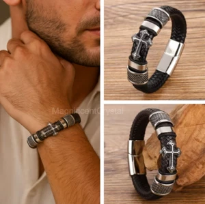 Christian Leather Bracelet for Men Braided Cross Wristband Jewelry Healing Gifts - Picture 1 of 5