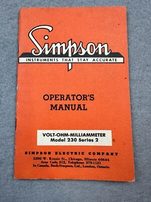 Simpson V.O.M Model 230 Series 2 Operator's Manual ~ c. 1968 ~ Original - Image 1 of 4