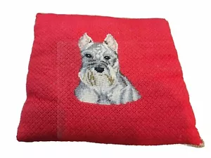 Vintage Mini Schnauzer Dog Wool Needlepoint Embroidery Red Art Pillow 13”X14" - Picture 1 of 8