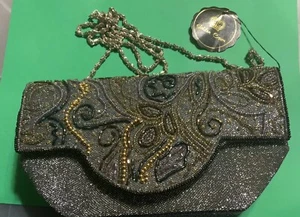 Evening Clutch Golden Crown Purse Black Beaded Bodycross Vintage - Picture 1 of 12