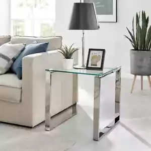 Square Modern Clear Glass Sofa Side Table Silver Chrome Table Coffee Bedside - Picture 1 of 6