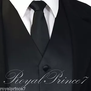BLACK Solid Brand new Tuxedo Suit Vest Waistcoat and Neck tie Prom Wedding Party - Picture 1 of 4