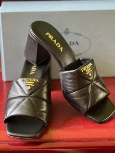 NEW $1,120 PRADA logo Black Heels Slide Sandal Shoe 41.5 EU 10.5 US - Picture 1 of 7