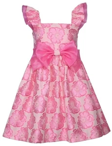 NEW Bonnie Jean Girls Size 5 "PINK FLORAL JACQUARD" Organza Bow Front Dress NWT - Picture 1 of 5