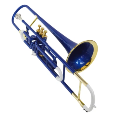 Valve Trombone Bb White+Blue Lacquered+Brass Finish With Case+Mouthpiece - Image 1 of 4