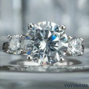 Moissanite Three Stone Engagement Ring 3 CT Round Cut VVS1 Solid 14K White Gold - Picture 1 of 8