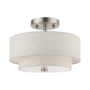 Livex Meridian 2 Light 11" Semi-Flush, Nickel/Oatmeal/White Fabric - 51082-91 - Picture 1 of 1