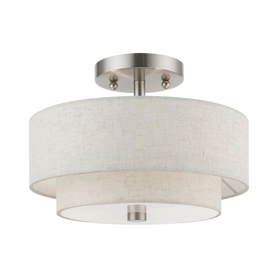 Livex Meridian 2 Light 11" Semi-Flush, Nickel/Oatmeal/White Fabric - 51082-91 - Image 1 of 1
