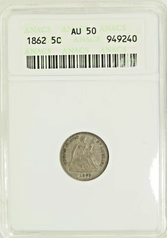 1862 Seated Half Dime : ANACS AU50 Cover