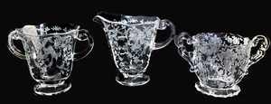ANTIQUE Etch CUT CRYSTAL CREAM & SUGAR Bowls Chintz Rose Florentine Elaine Set 3 - Picture 1 of 24