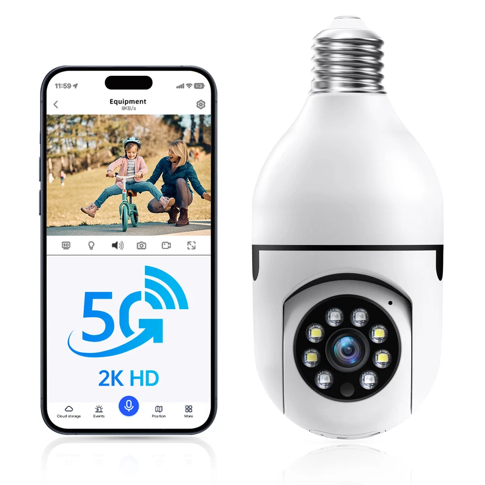 WESECUU 2.4/5G Wireless Bluetooth Dual-Band WiFi PTZ Bulb Camera 3MP White Night Vision