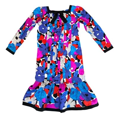 Vintage 80’s VIBRANT DROP WAIST DRESS S 100% SILK Cocktail Floral Print Abstract - Image 1 of 4