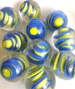 Glass Marbles Game Shooters 1" - 10 pcs Clear w/blue & yellow swirl - Picture 1 of 2