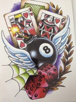 MARKENLOS Tatuaggio temporaneo biglietti biliardo dadi punk rock rockabilly impermeabile tempo