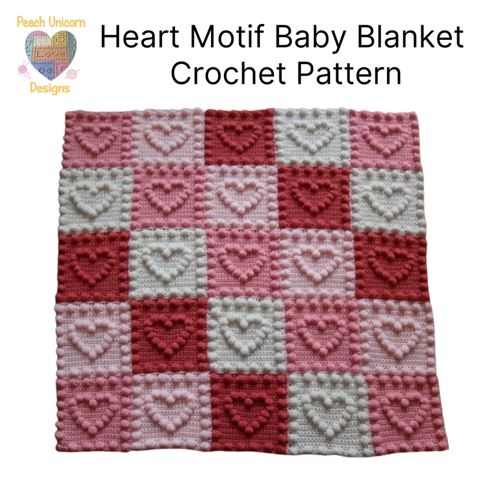 Crochet Pattern for Baby Blanket - Heart Motifs, Easy, Puff Stitch, A4 Booklet - Image 1 of 4